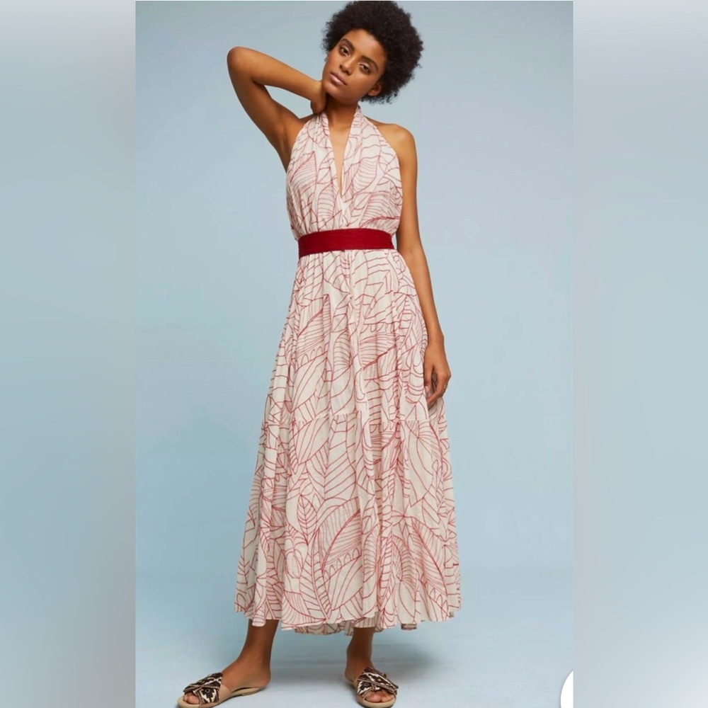 Anthropologie Lilka cream and red embroidered wrap dress. Size M/L